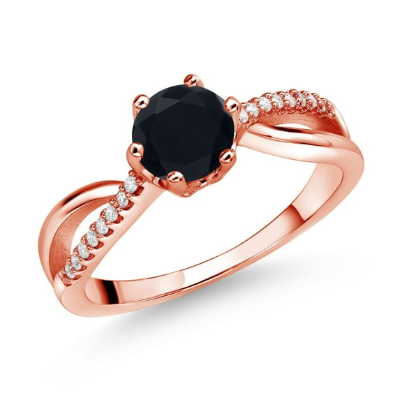Gem Stone King 18K Rose Gold Plated Silver Ring Round Onyx and Moissanite (0.88 Cttw) (Size 9)