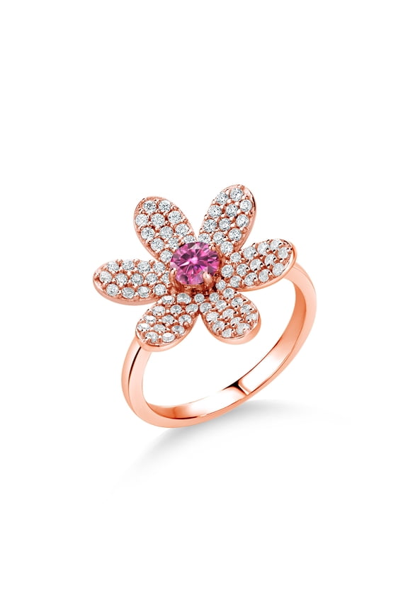 18K Rose Gold Plated Silver Ring Round Pink Moissanite and (1.21 Cttw, Size 9)