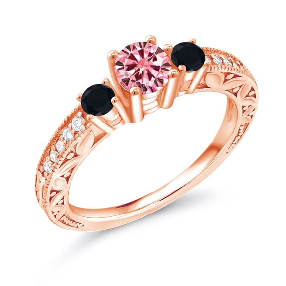 Gem Stone King 18K Rose Gold Plated Silver 3-Stone Ring Round Pink Moissanite and Onyx Black (0.83 Cttw, Size 8)