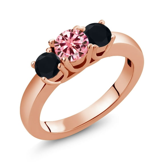 Gem Stone King 18K Rose Gold Plated Silver 3-Stone Ring Round Pink Moissanite and Onyx Black (0.94 Cttw, Size 7)