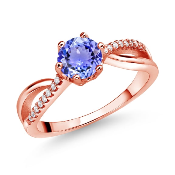 Gem Stone King 18K Rose Gold Plated Silver Ring Round Tanzanite and Moissanite (0.98 Cttw) (Size 6)