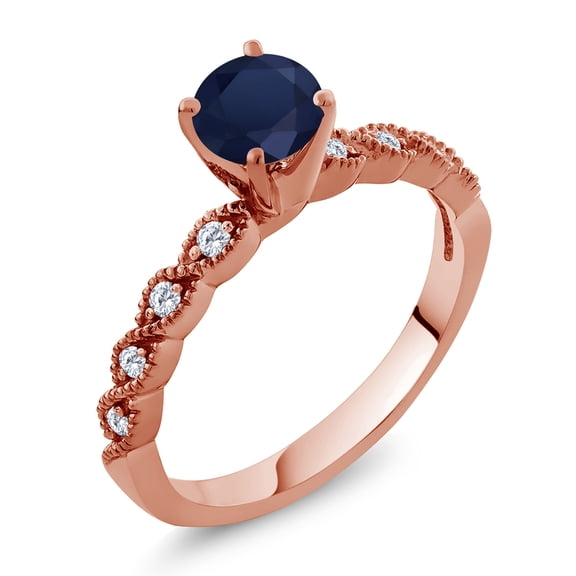 Gem Stone King 18K Rose Gold Plated Silver Ring Round Blue Sapphire and Moissanite (1.22 Cttw, Size 6)