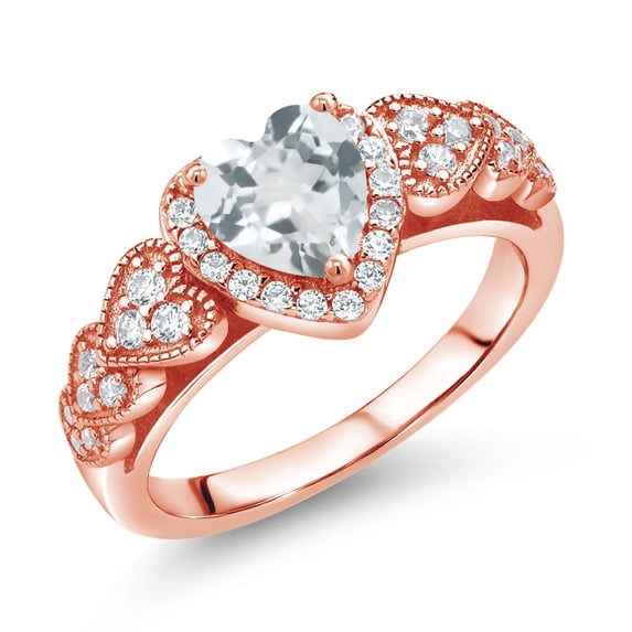 Gem Stone King 18K Rose Gold Plated Silver Sky Blue Aquamarine and White Moissanite Halo Ring for Women | 0.91 Cttw | Heart Shape 6MM | Gemstone March Birthstone | Size 8