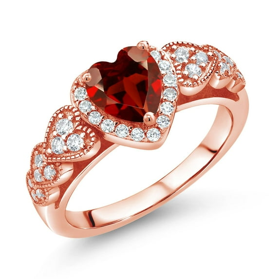 Gem Stone King 18K Rose Gold Plated Silver Red Garnet and White Moissanite Halo Ring for Women | 1.18 Cttw | Heart Shape 6MM | Gemstone January Birthstone | Size 9