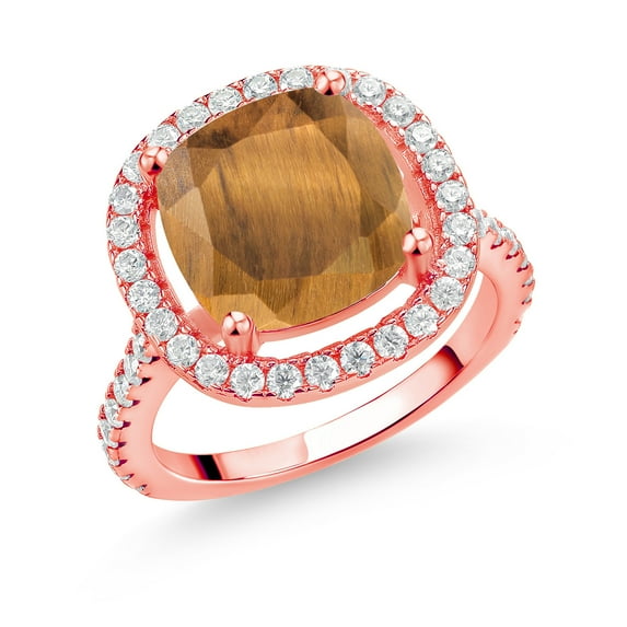 Gem Stone King 18K Rose Gold Plated Silver Ring Tiger Eye Moissanite (4.19 Cttw)