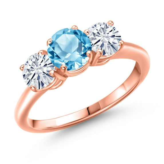 Gem Stone King 18K Rose Gold Plated Silver Swiss Blue Topaz and White Moissanite Engagement Ring for Women | 2.00 Cttw | Round 6MM | Gemstone November Birthstone | Size 7
