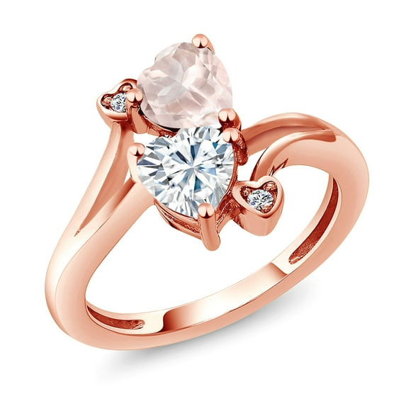 Gem Stone King 18K Rose Gold Plated Silver Rose Rose Quartz White Moissanite and White Diamond Ring for Women (1.55 Cttw, Heart Shape 6MM, Gemstone Birthstone, Size 8)