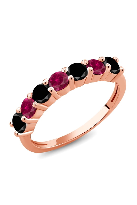 18K Rose Gold Plated Silver Round Black Diamond Red Created Ruby Anniversary Ring for Women (1.43 Cttw, Gemstone Birthstone, Size 9) (Size 9)