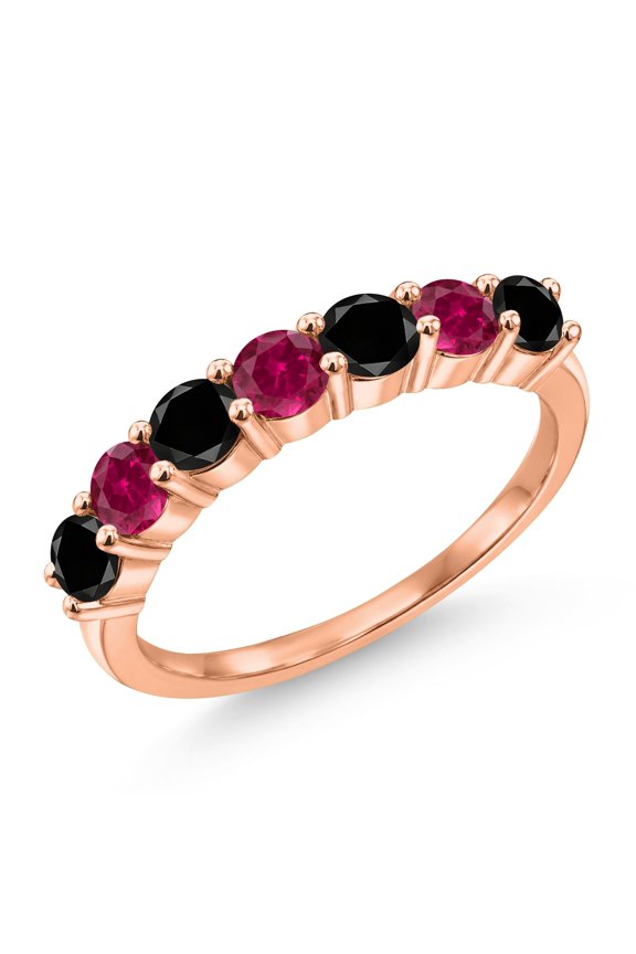 18K Rose Gold Plated Silver Round Black Diamond Red Created Ruby Anniversary Ring for Women (1.43 Cttw, Gemstone Birthstone, Size 9) (Size 9)