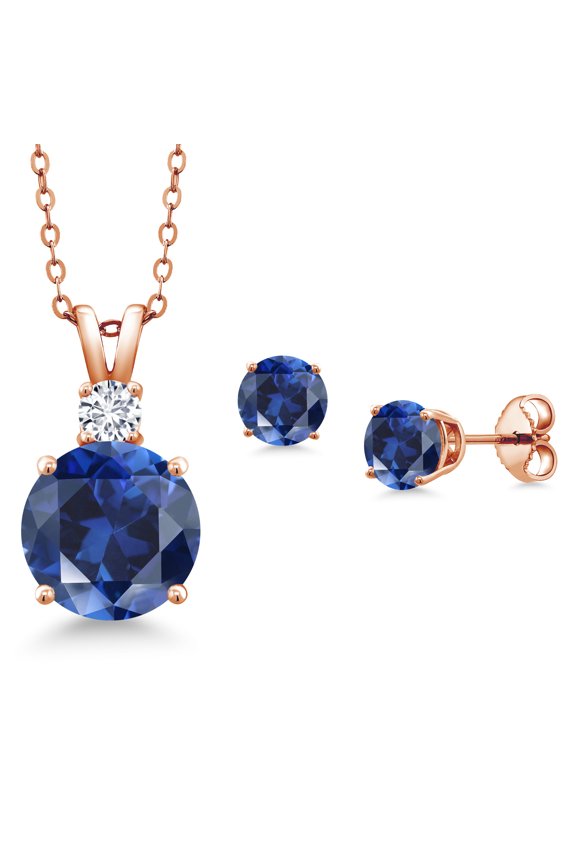 18K Rose Gold Plated Silver Round Blue Simulated Sapphire and G-H Lab Grown Diamond Pendant and Earrings Jewelry Set for Women (5.03 Cttw, Gemstone Birthstone, with 18 inch Chain)