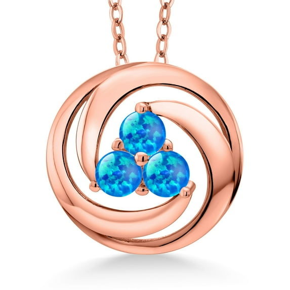 Gem Stone King 18K Rose Gold Plated Silver Round Cabochon Blue Simulated Opal 3 Stone Circle Pendant Necklace for Women (0.75 Cttw, Gemstone October Birthstone, With 18 inch Chain)