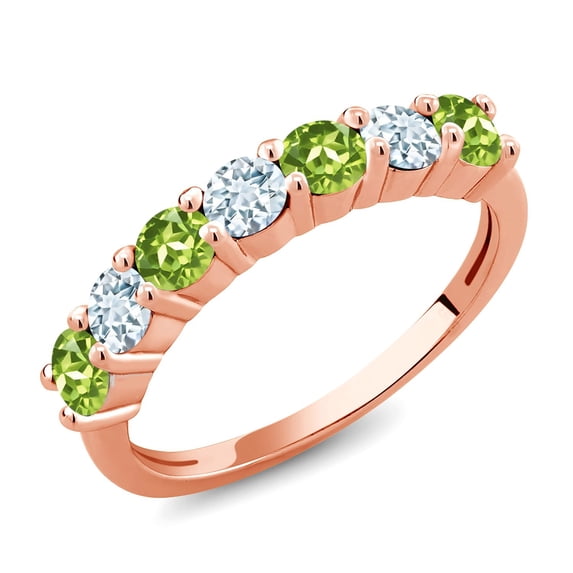 Gem Stone King 18K Rose Gold Plated Silver Round Green Peridot Sky Blue Aquamarine Anniversary Ring for Women (1.34 Cttw, Gemstone Birthstone) (Size 9)