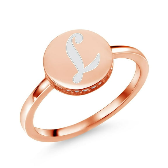 Gem Stone King 18K Rose Gold Plated Silver Round Moissanite Signet Wedding Statement Promise Anniversary Ring for Women (0.12 Cttw, Size 5)