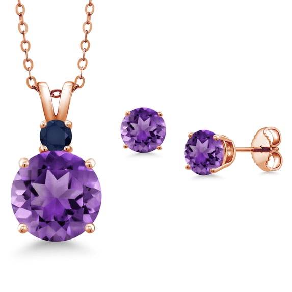 Gem Stone King 18K Rose Gold Plated Silver Round Purple Amethyst and Blue Sapphire Pendant and Earrings Jewelry Set for Women (4.52 Cttw, Gemstone Birthstone, with 18 inch Chain)