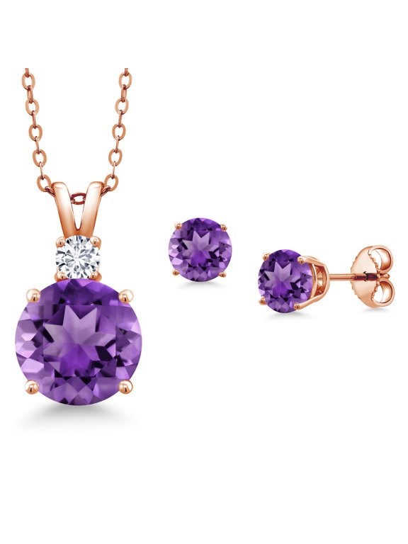 18K Rose Gold Plated Silver Round Purple Amethyst and G-H Lab Grown Diamond Pendant and Earrings Jewelry Set for Women (4.47 Cttw, Gemstone Birthstone, with 18 inch Chain)
