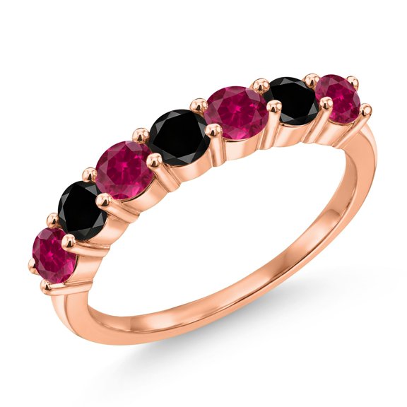 Gem Stone King 18K Rose Gold Plated Silver Round Red Created Ruby Black Diamond Anniversary Ring for Women (1.51 Cttw, Gemstone Birthstone, Size 6)