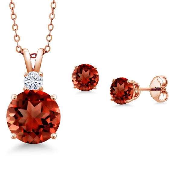 Gem Stone King 18K Rose Gold Plated Silver Round Red Garnet and White Moissanite Pendant and Earrings Jewelry Set for Women (5.76 Cttw, Gemstone Birthstone, with 18 inch Chain)