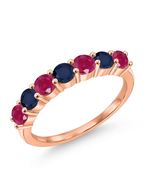18K Rose Gold Plated Silver Round Red Ruby Blue Sapphire Anniversary Ring for Women (1.66 Cttw, Gemstone Birthstone) (Size 5)