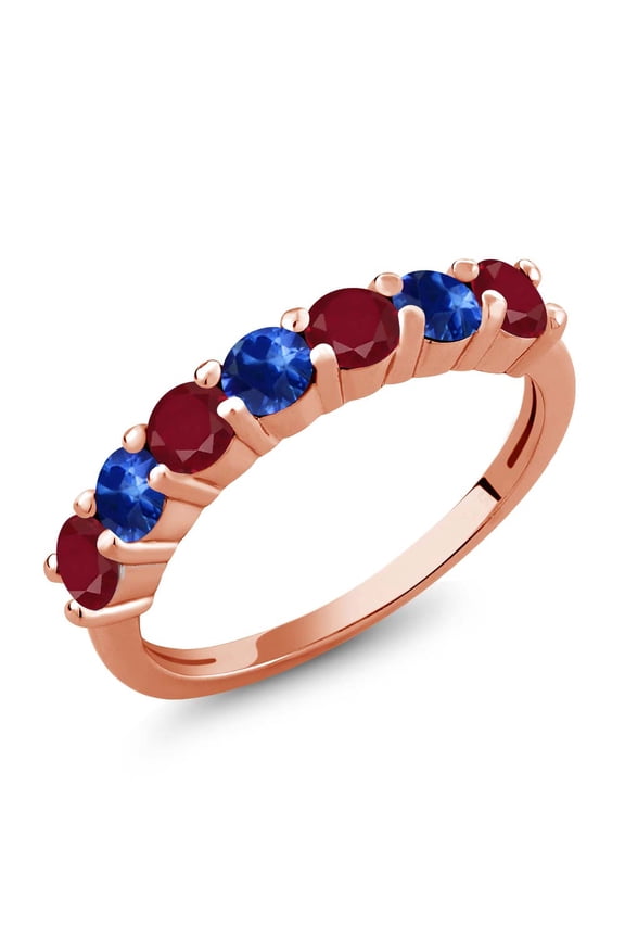 18K Rose Gold Plated Silver Round Red Ruby Blue Sapphire Anniversary Ring for Women (1.66 Cttw, Gemstone Birthstone, Size 8) (Size 8)