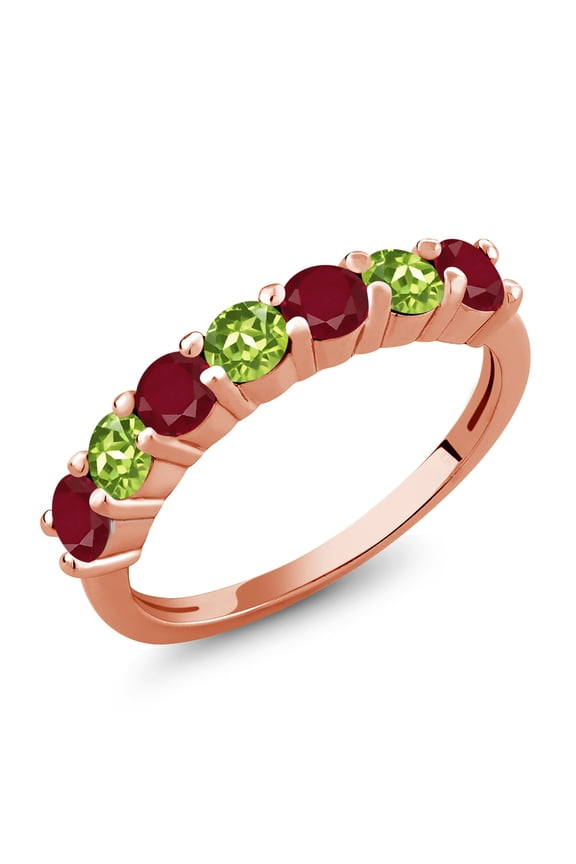18K Rose Gold Plated Silver Round Red Ruby Green Peridot Anniversary Ring for Women (1.62 Cttw, Gemstone Birthstone, Size 7) (Size 7)