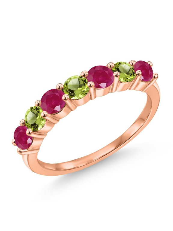 18K Rose Gold Plated Silver Round Red Ruby Green Peridot Anniversary Ring for Women (1.62 Cttw, Gemstone Birthstone, Size 8) (Size 8)