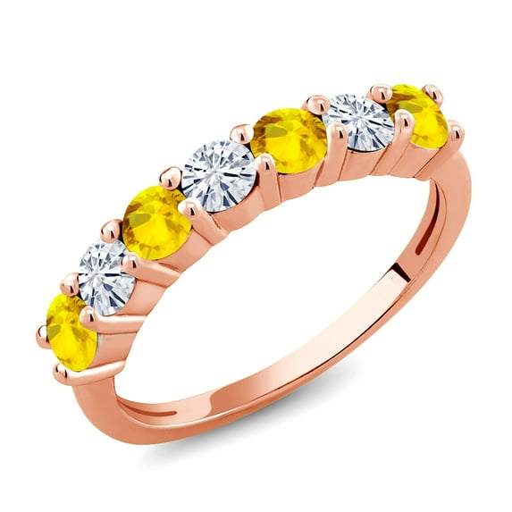 Gem Stone King 18K Rose Gold Plated Silver Round Sapphire Moissanite Anniversary Ring for Women (1.12 Cttw, Gemstone Birthstone, Size 7)