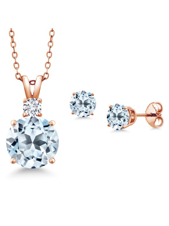 18K Rose Gold Plated Silver Round Sky Blue Topaz and G-H Lab Grown Diamond Pendant and Earrings Jewelry Set for Women (6.34 Cttw, Gemstone Birthstone, with 18 inch Chain)