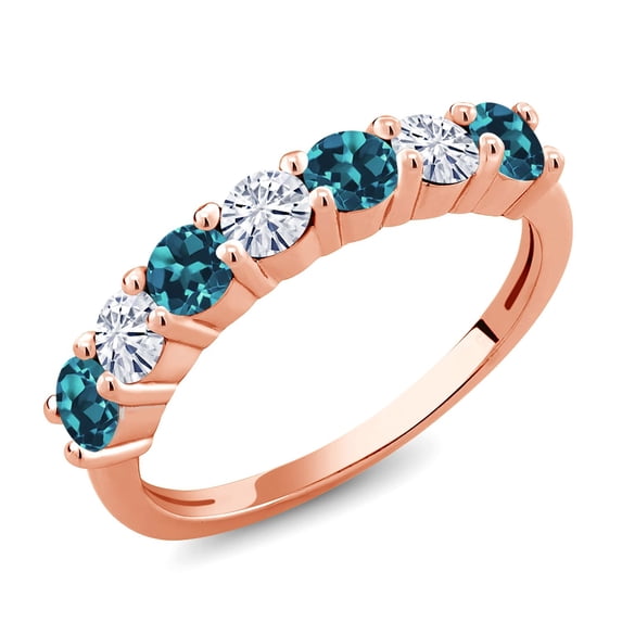 Gem Stone King 18K Rose Gold Plated Silver Round Topaz and Moissanite Anniversary Ring for Women (1.36 Cttw, Gemstone Birthstone, Available in Size 5, 6, 7, 8, 9)