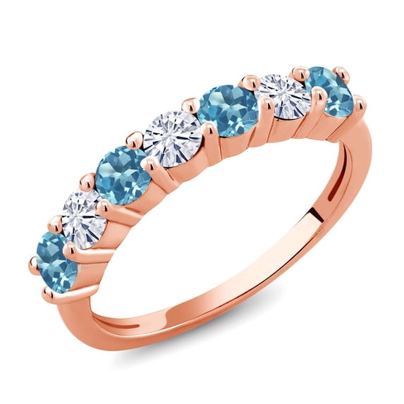 Gem Stone King 18K Rose Gold Plated Silver Round Topaz Moissanite Anniversary Ring for Women (1.28 Cttw, Gemstone Birthstone, Size 8)