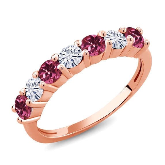 Gem Stone King 18K Rose Gold Plated Silver Round Tourmaline Moissanite Anniversary Ring for Women (1.08 Cttw, Gemstone Birthstone, Available in Size 5, 6, 7, 8, 9)