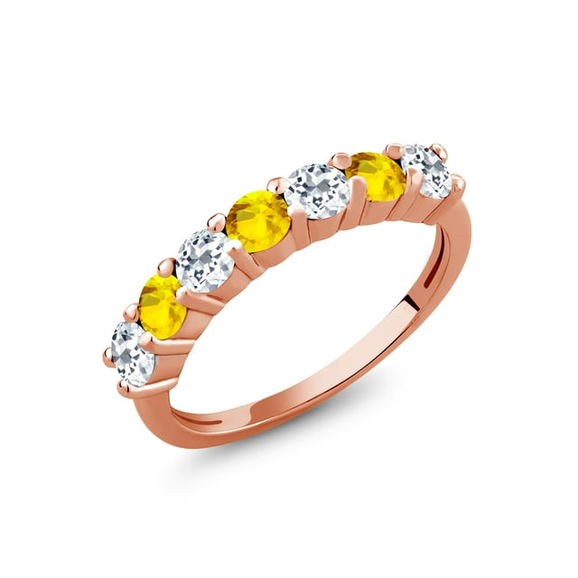 Gem Stone King 18K Rose Gold Plated Silver Round White Topaz Yellow Sapphire Anniversary Ring