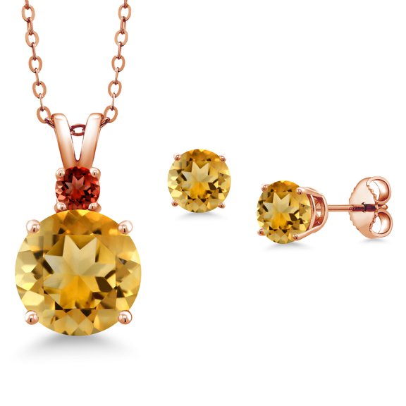 Gem Stone King 18K Rose Gold Plated Silver Round Yellow Citrine and Red Garnet Pendant and Earrings Jewelry Set for Women (5.17 Cttw, Gemstone Birthstone, with 18 inch Chain)
