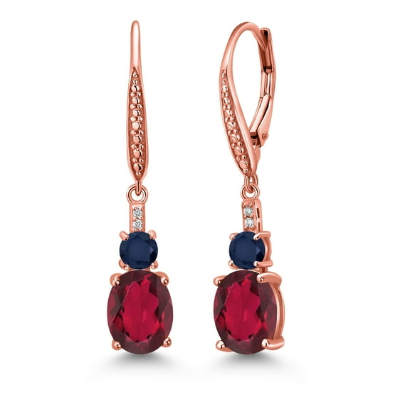 Gem Stone King 18K Rose Gold Plated Silver Ruby Red Mystic Quartz and Blue Sapphire Dangle Earrings for Women with Lab Grown Diamond (4.33 Cttw, Oval 9X7MM)