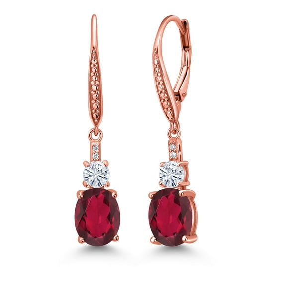 Gem Stone King 18K Rose Gold Plated Silver Ruby Red Mystic Quartz and White Moissanite Dangle Earrings for Women with Lab Grown Diamond (4.09 Cttw, Oval 9X7MM)