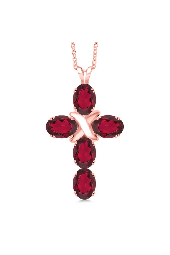 18K Rose Gold Plated Silver Ruby Red Mystic Topaz Cross Pendant Necklace for Women (2.50 Cttw, Gemstone, Oval 6X4MM, With 18 inch Silver Chain)