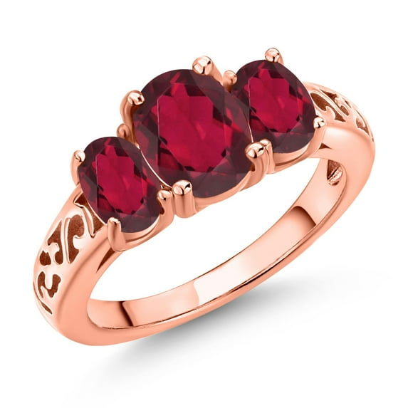 Gem Stone King 18K Rose Gold Plated Silver Ruby Red Mystic Topaz Filigree Style 3 Stone Ring for Women (2.30 Cttw, Oval 8X6MM and 6X4MM) (Size 5)