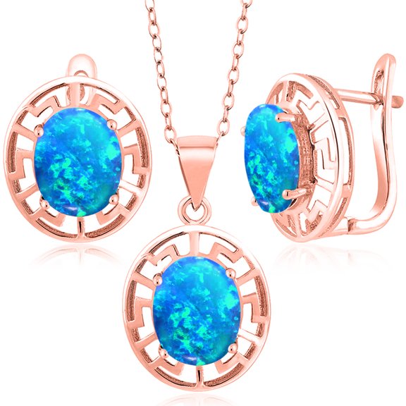 Gem Stone King 18K Rose Gold Plated Silver Simulated Blue Opal Pendant and Earrings Jewelry Set for Women | 2.55 Cttw | Gemstone October Birthstone | Oval Cabochon 10X8MM | With 18 inch Chain