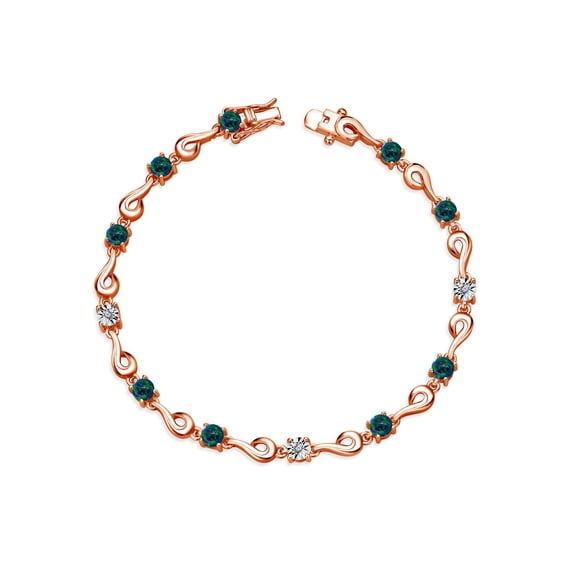 Gem Stone King 18K Rose Gold Plated Silver Simulated Green Opal and White Lab Grown Diamond Bracelet for Women (2.27 Cttw, Gemstone October Birthstone, Round Cabochon 4MM, 6.5 inch)
