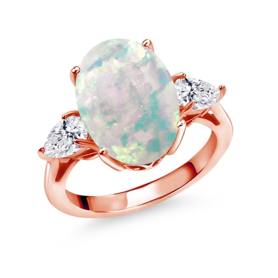 Gem Stone King 18K Rose Gold Plated Silver Simulated White Opal and Lab Grown Diamond Engagement Ring for Women | 5.20 Cttw | Oval Cabochon 14X10MM | Gemstone October Birthstone | Size 9