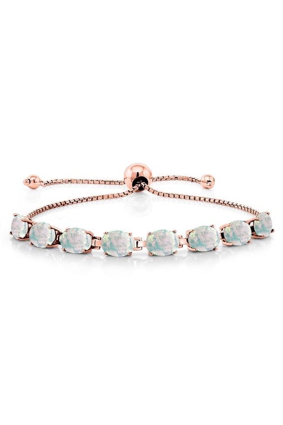 18K Rose Gold Plated Silver Simulated White Opal Tennis Bracelet for Women (8.00 Cttw, Gemstone October Birthstone, Oval Cabochon 7X5MM, Fully Adjustable up to 9 inch)