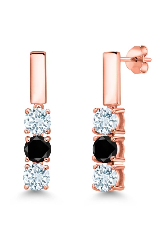 18K Rose Gold Plated Silver Sky Blue Aquamarine and Black Diamond Drop Dangle Earrings for Women | 1.55 Cttw | Gemstone March Birthstone | Round 5MM