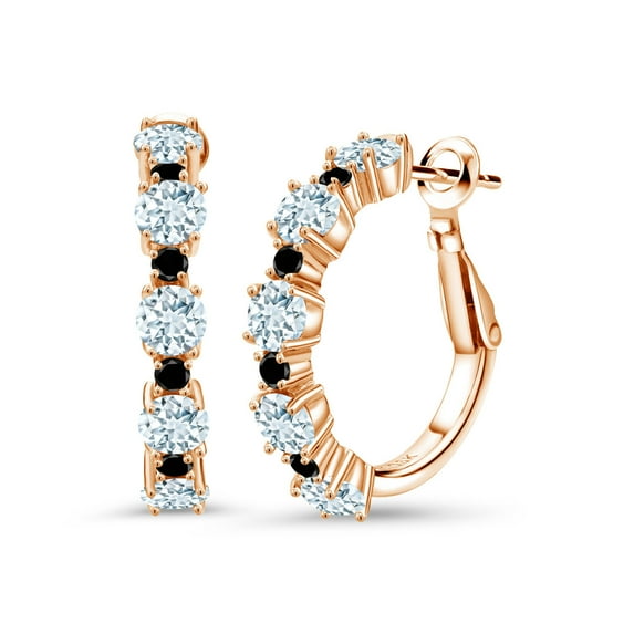 Gem Stone King 18K Rose Gold Plated Silver Sky Blue Aquamarine and Black Diamond Hoop Earrings for Women (2.76 Cttw, Round 4MM and 1.9MM, Gemstone Birthstone 1 inch Diameter)