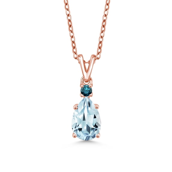 Gem Stone King 18K Rose Gold Plated Silver Sky Blue Aquamarine and Blue Diamond Pendant Necklace for Women (1.22 Cttw, Gemstone March Birthstone, Pear Shape 9X6MM, with 18 inch Chain)