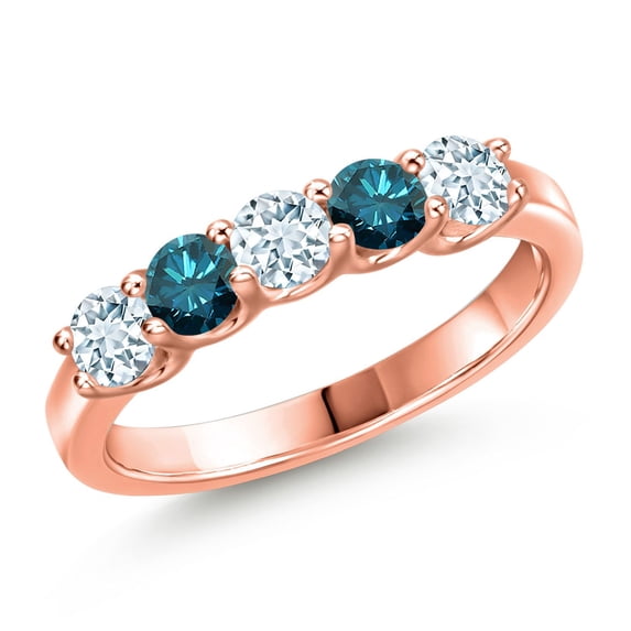 Gem Stone King 18K Rose Gold Plated Silver Sky Blue Aquamarine and Blue Diamond Wedding-Bands Ring for Women | 0.81 Cttw | Round 3.5MM | Gemstone March Birthstone | Size 7