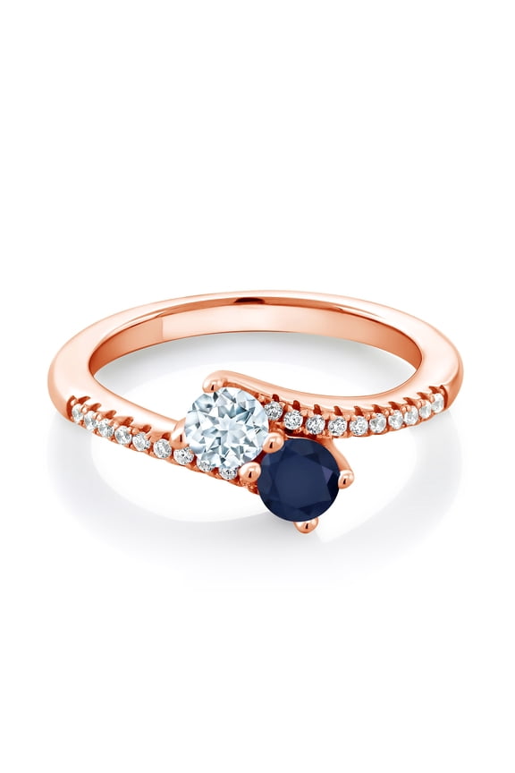 18K Rose Gold Plated Silver Sky Blue Aquamarine and Blue Sapphire Bypass Ring for Women (0.84 Cttw, Gemstone March Birthstone, Round 4MM, Size 6)