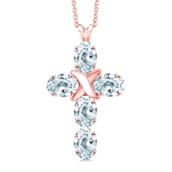 Gem Stone King 18K Rose Gold Plated Silver Sky Blue Aquamarine Cross Pendant Necklace for Women (2.50 Cttw, Gemstone March Birthstone, Oval 6X4MM, With 18 inch Silver Chain)