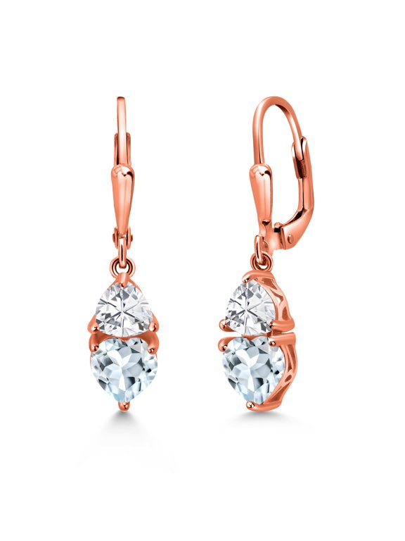 18K Rose Gold Plated Silver Sky Blue Aquamarine Dangle Leverback Earrings for Women (3.00 Cttw, Gemstone March Birthstone, Heart Shape 6MM, Trillion 5MM)