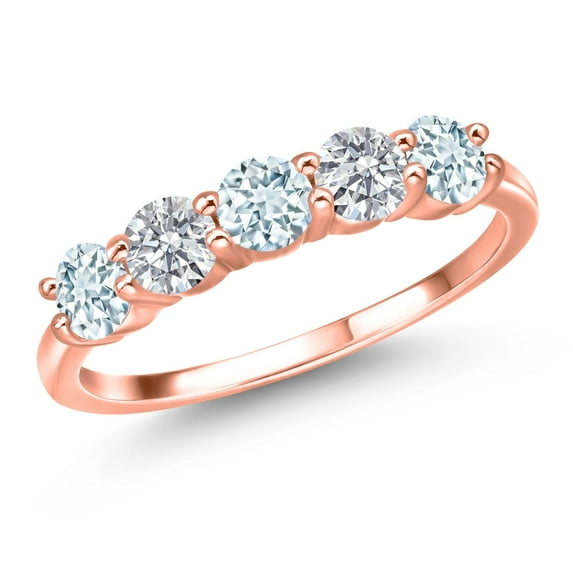 Gem Stone King 18K Rose Gold Plated Silver Sky Blue Aquamarine and E - F Lab Grown Diamond Wedding-Bands Ring for Women | 1.29 Cttw | Round 4MM | Gemstone March Birthstone | Size 9