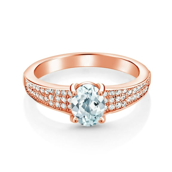 Gem Stone King 18K Rose Gold Plated Silver Sky Blue Aquamarine Engagement Ring for Women (1.68 Cttw, Oval 8X6MM, Gemstone March Birthstone, Size 6)