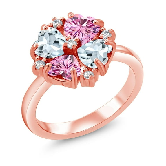 Gem Stone King 18K Rose Gold Plated Silver Sky Blue Aquamarine and Pink Moissanite Ring for Women (1.91 Cttw, Heart Shape 5MM, Gemstone March Birthstone, Size 7)